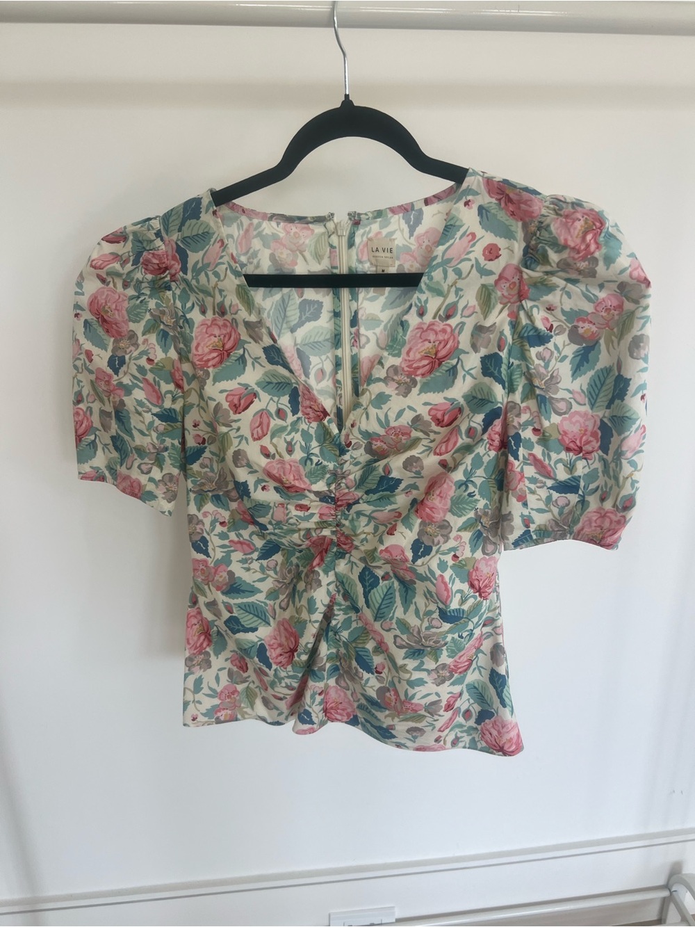 Rebecca Taylor La Vie Floral Puff-Sleeve V-Neck Top in Pink Floral